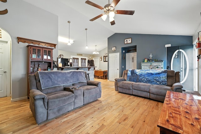 14975 Woodcreek Ln, Timberville, VA 22853 - living room with ceiling fan, light wood-style floors, and high vaulted ceiling