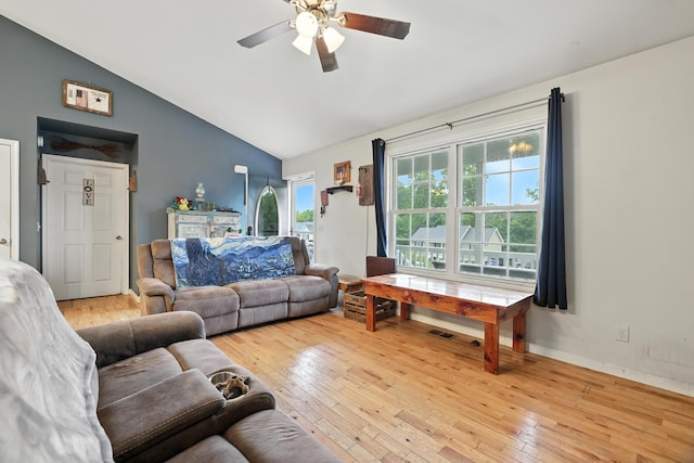 14975 Woodcreek Ln, Timberville, VA 22853 - living room featuring a ceiling fan, light wood-type flooring, and high vaulted ceiling