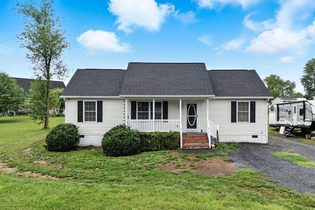 14975 Woodcreek Ln, Timberville, VA 22853 - view of front facade featuring crawl space, covered porch, a front lawn, and a shingled roof