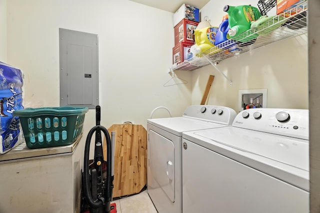 14975 Woodcreek Ln, Timberville, VA 22853 - laundry area featuring electric panel, washing machine and clothes dryer, and light tile patterned floors