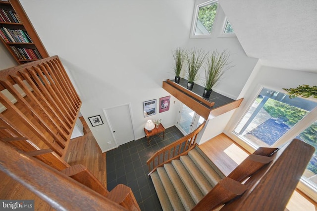  - stairway featuring a high ceiling and wood finished floors