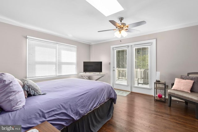 8314 Old Mill Ln, Spotsylvania, VA 22551 - bedroom featuring ornamental molding, access to exterior, a skylight, wood finished floors, and a ceiling fan