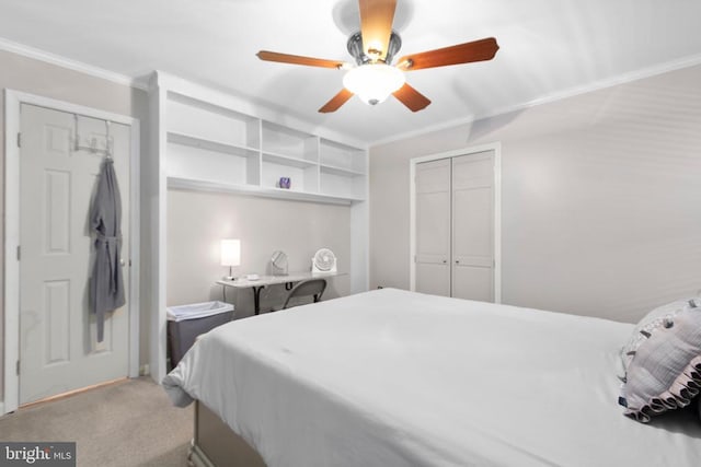 8314 Old Mill Ln, Spotsylvania, VA 22551 - bedroom with crown molding, light colored carpet, and ceiling fan