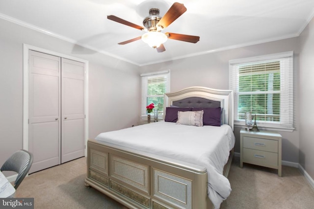 8314 Old Mill Ln, Spotsylvania, VA 22551 - bedroom with light colored carpet, crown molding, a closet, and ceiling fan