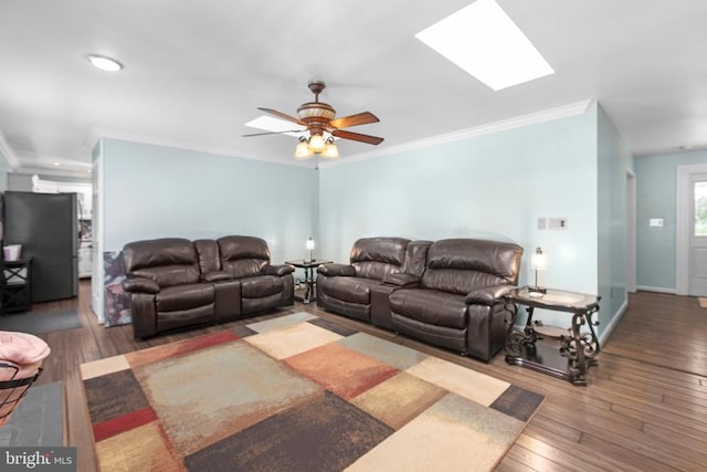 8314 Old Mill Ln, Spotsylvania, VA 22551 - living area featuring ornamental molding, hardwood / wood-style flooring, a skylight, and a ceiling fan
