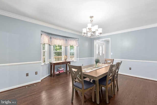 8314 Old Mill Ln, Spotsylvania, VA 22551 - dining space with a chandelier, ornamental molding, and dark wood-style floors