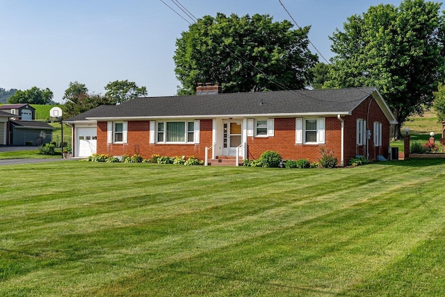 5213 Rawley Pike, Rockingham, VA 22801 - ranch-style house with a garage, brick siding, a front lawn, driveway, and a chimney