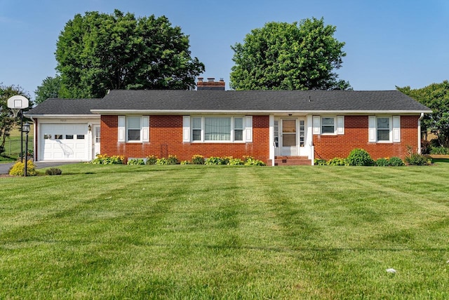 5213 Rawley Pike, Rockingham, VA 22801 - ranch-style home featuring a garage, brick siding, a chimney, entry steps, and a front lawn