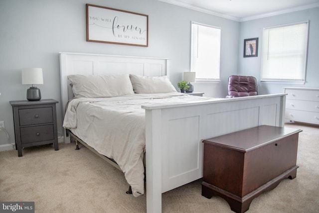 bedroom with light carpet and ornamental molding