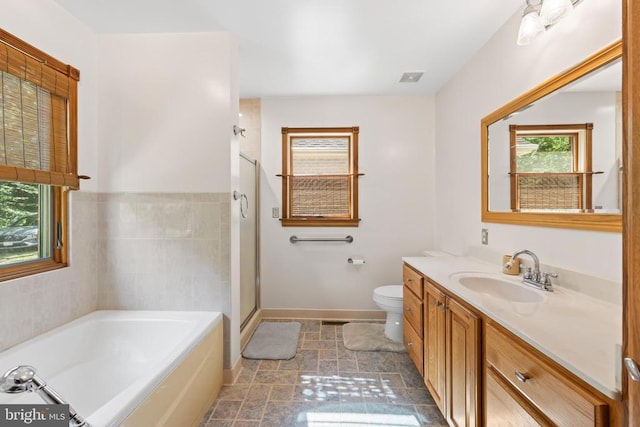 60 Mountain Breeze Ln, Syria, VA 22743 - bathroom featuring a garden tub, vanity, toilet, baseboards, and a stall shower
