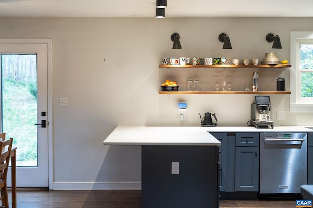 bar with baseboards, dark wood-style flooring, and dishwasher