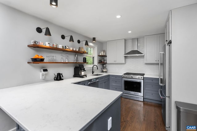kitchen with a sink, a peninsula, stainless steel appliances, gray cabinets, and wall chimney exhaust hood