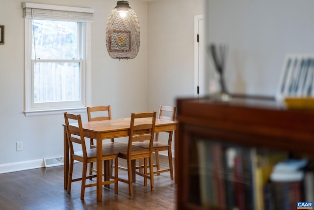 dining room featuring dark wood-style flooring, baseboards, and visible vents