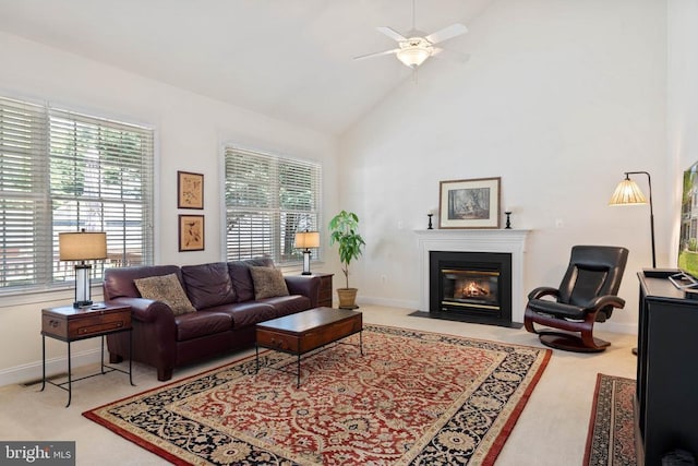 17277 Kettlebrook Lndg, Jeffersonton, VA 22724 - living room with a fireplace with flush hearth, high vaulted ceiling, and a ceiling fan