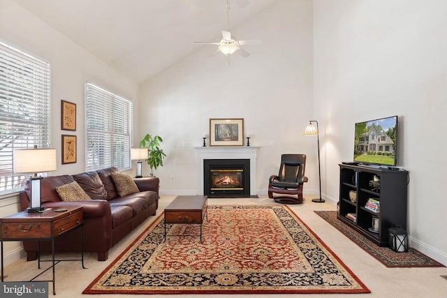 17277 Kettlebrook Lndg, Jeffersonton, VA 22724 - living room with plenty of natural light, high vaulted ceiling, a fireplace with flush hearth, and a ceiling fan