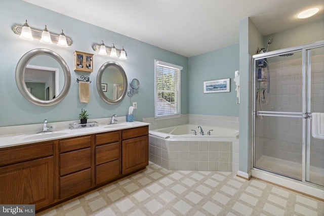 17277 Kettlebrook Lndg, Jeffersonton, VA 22724 - full bathroom featuring a garden tub, a shower stall, double vanity, and tile patterned floors