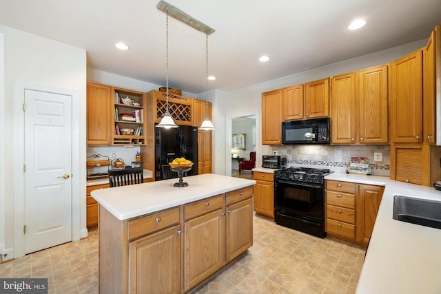 17277 Kettlebrook Lndg, Jeffersonton, VA 22724 - kitchen with black appliances, a center island, open shelves, light countertops, and recessed lighting