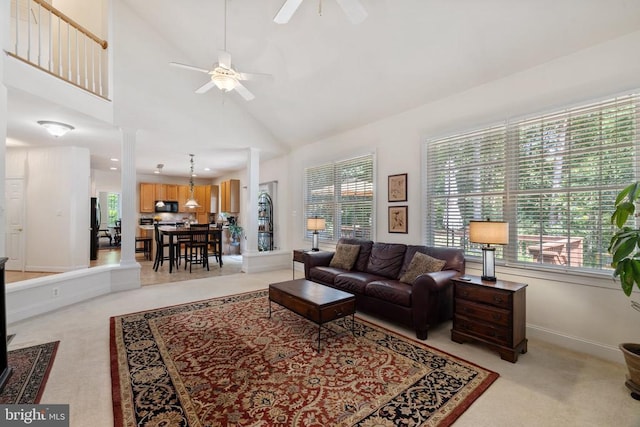 17277 Kettlebrook Lndg, Jeffersonton, VA 22724 - living room featuring a ceiling fan, healthy amount of natural light, light carpet, and high vaulted ceiling