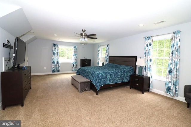 bedroom with light carpet, baseboards, a ceiling fan, and recessed lighting
