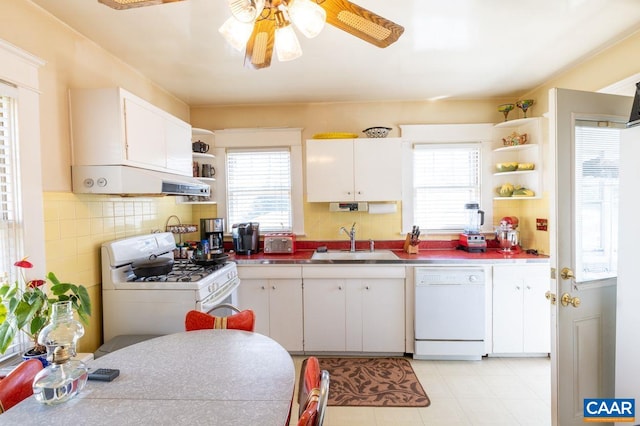 1700 Monticello Rd, Charlottesville, VA 22902 - kitchen featuring a ceiling fan, a sink, open shelves, plenty of natural light, and white appliances