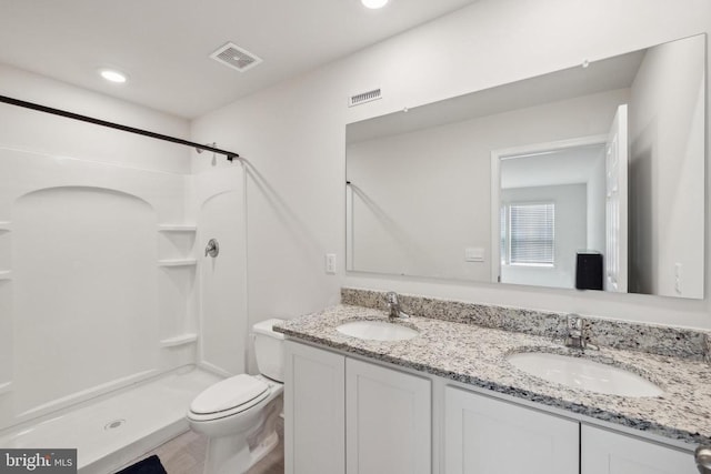 226 Baker Dr, Luray, VA 22835 - bathroom with toilet, a stall shower, double vanity, and recessed lighting