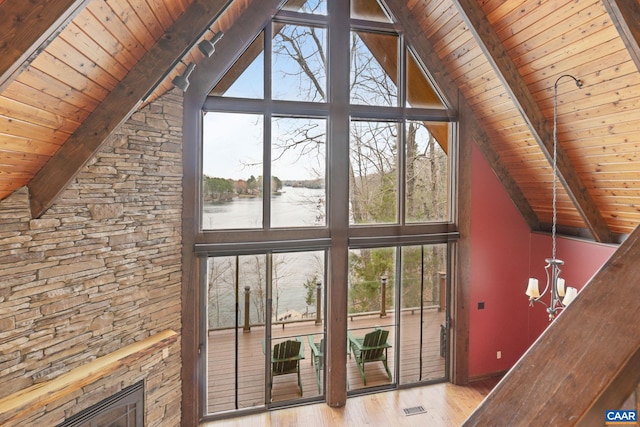 19 Hawks Pl, Palmyra, VA 22963 - interior space featuring wooden ceiling, a water view, beamed ceiling, and wood finished floors