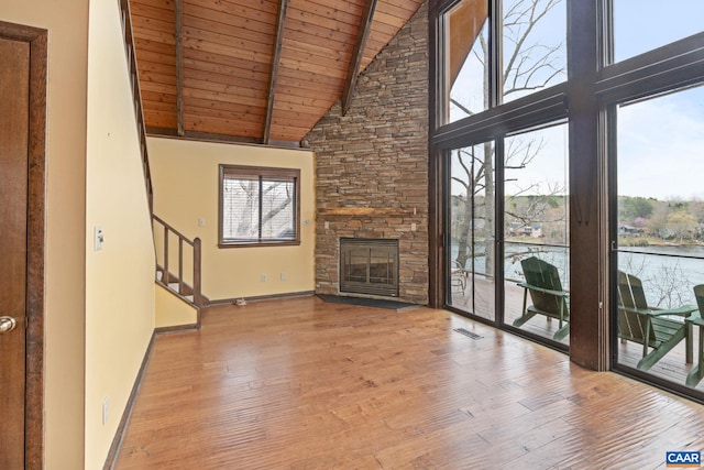 19 Hawks Pl, Palmyra, VA 22963 - unfurnished living room with baseboards, wood ceiling, high vaulted ceiling, wood finished floors, and beamed ceiling