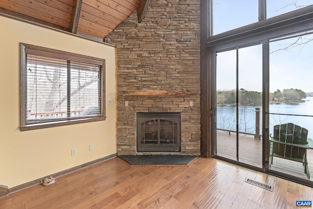 19 Hawks Pl, Palmyra, VA 22963 - unfurnished living room with hardwood / wood-style floors, plenty of natural light, visible vents, and wooden ceiling