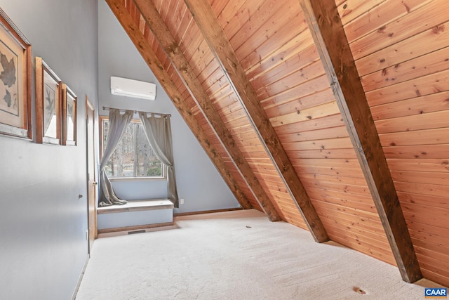 19 Hawks Pl, Palmyra, VA 22963 - additional living space featuring carpet, wooden ceiling, baseboards, an AC wall unit, and lofted ceiling with beams