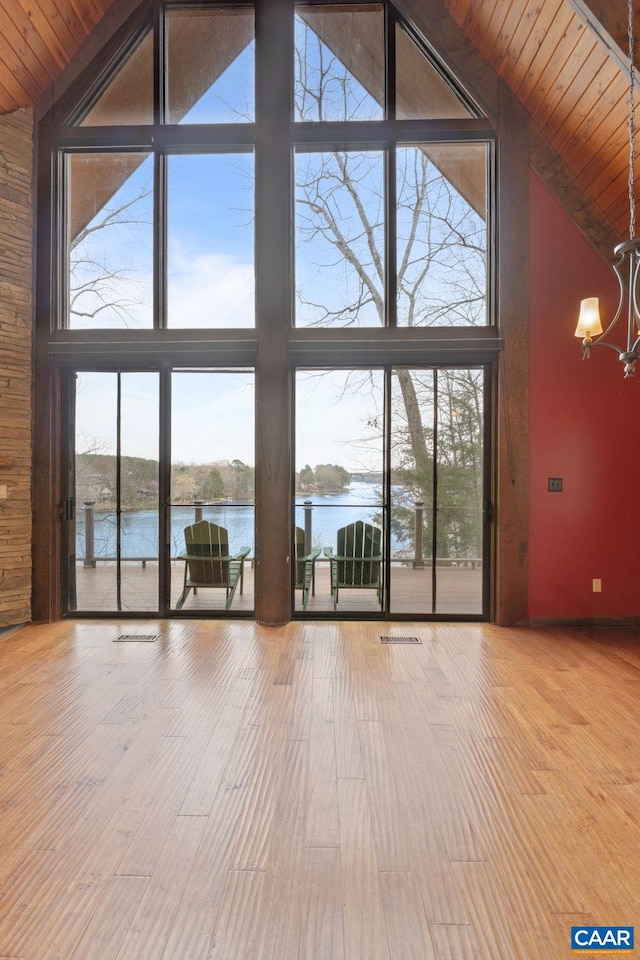 19 Hawks Pl, Palmyra, VA 22963 - unfurnished living room with expansive windows, a water view, a notable chandelier, and high vaulted ceiling