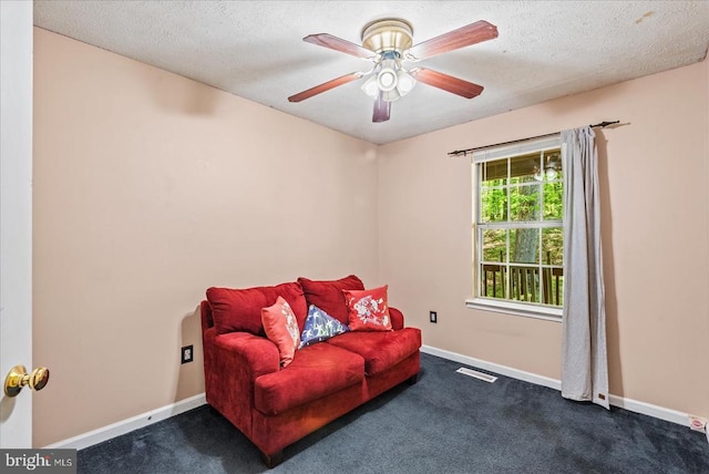 54 Courthouse Mountain Rd, Madison, VA 22727 - living area with a ceiling fan, a textured ceiling, baseboards, visible vents, and dark carpet