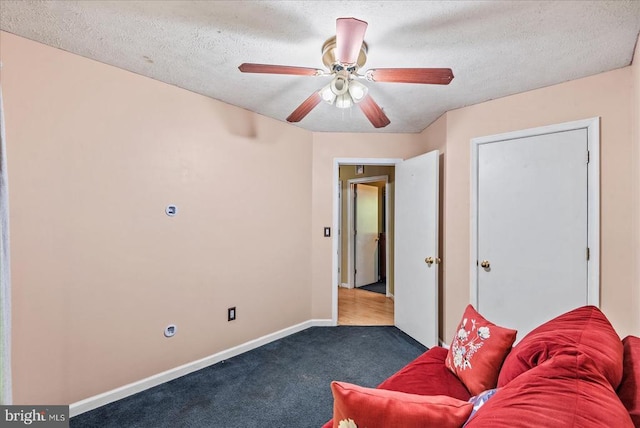 54 Courthouse Mountain Rd, Madison, VA 22727 - living area with ceiling fan, a textured ceiling, carpet, and baseboards