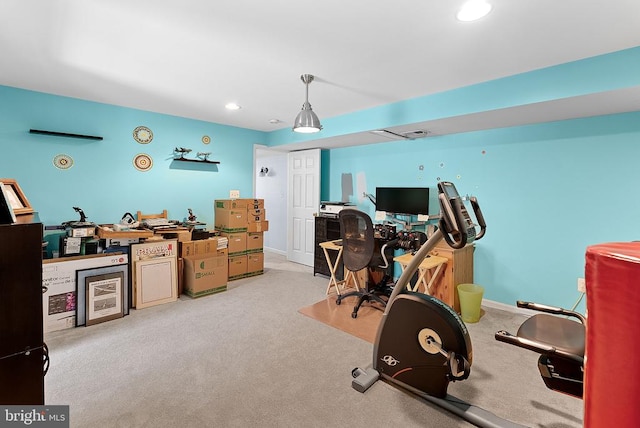  - office area featuring light carpet, recessed lighting, and baseboards