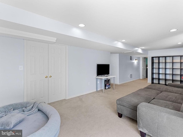  - living area featuring light carpet, baseboards, and recessed lighting