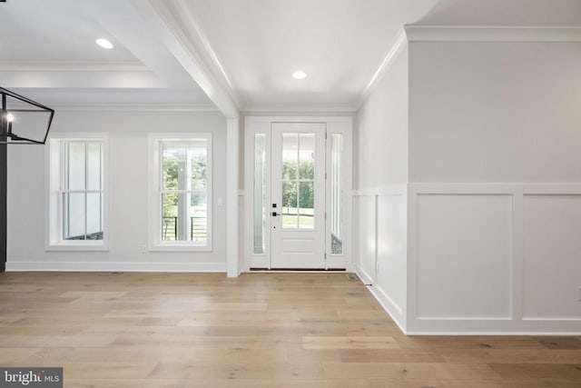 8630 Rosni Way, Fredericksburg, VA 22407 - entryway featuring a decorative wall, crown molding, light wood-style flooring, a wainscoted wall, and recessed lighting