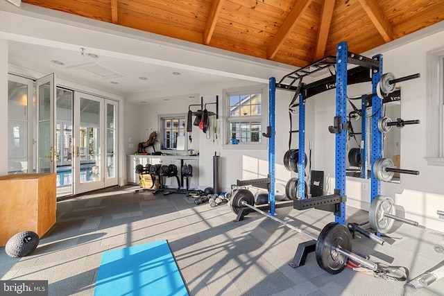  - exercise room featuring french doors, wooden ceiling, plenty of natural light, and lofted ceiling