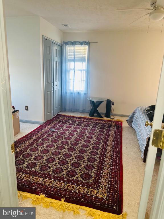 carpeted bedroom with visible vents, a ceiling fan, and baseboards