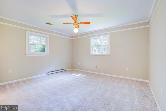  - spare room with a baseboard radiator, ornamental molding, carpet flooring, and a ceiling fan