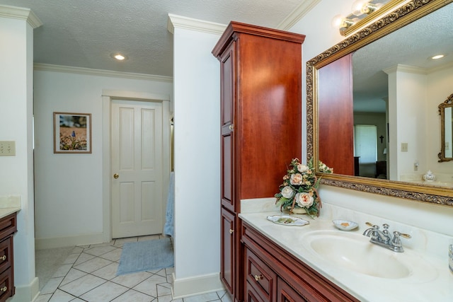 16540 Stoney Lea Ln, Elkton, VA 22827 - bathroom featuring vanity, a textured ceiling, tile patterned flooring, crown molding, and recessed lighting