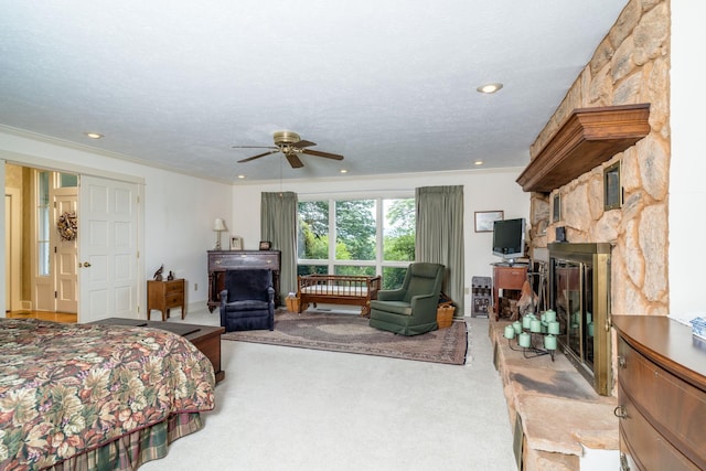 16540 Stoney Lea Ln, Elkton, VA 22827 - bedroom featuring carpet, a stone fireplace, ornamental molding, and recessed lighting