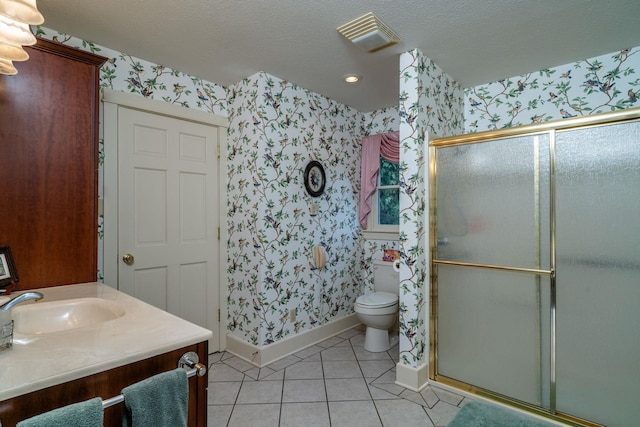 16540 Stoney Lea Ln, Elkton, VA 22827 - bathroom with wallpapered walls, vanity, a stall shower, tile patterned floors, and a textured ceiling