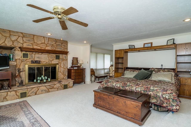 16540 Stoney Lea Ln, Elkton, VA 22827 - carpeted bedroom featuring a fireplace, a textured ceiling, recessed lighting, and crown molding