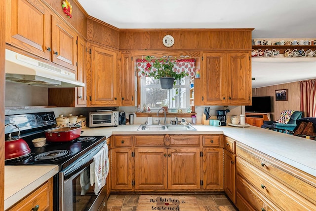 14335 S E Side Hwy, Grottoes, VA 24441 - kitchen with stainless steel range with electric stovetop, light countertops, a sink, and under cabinet range hood