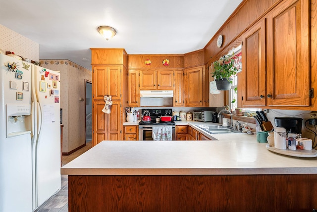 14335 S E Side Hwy, Grottoes, VA 24441 - kitchen featuring under cabinet range hood, white refrigerator with ice dispenser, a sink, stainless steel electric stove, and light countertops