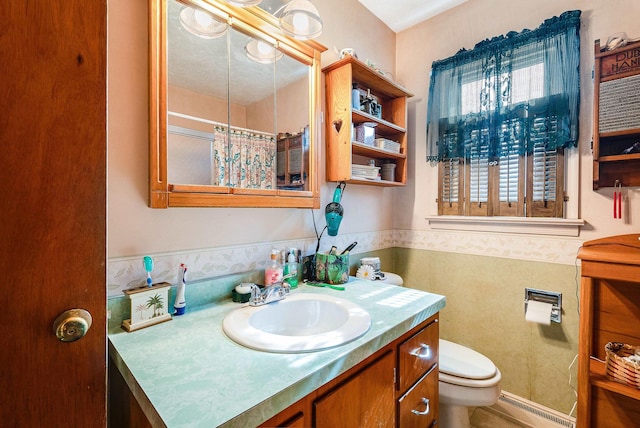 14335 S E Side Hwy, Grottoes, VA 24441 - full bathroom with vanity, toilet, a shower with curtain, and baseboard heating