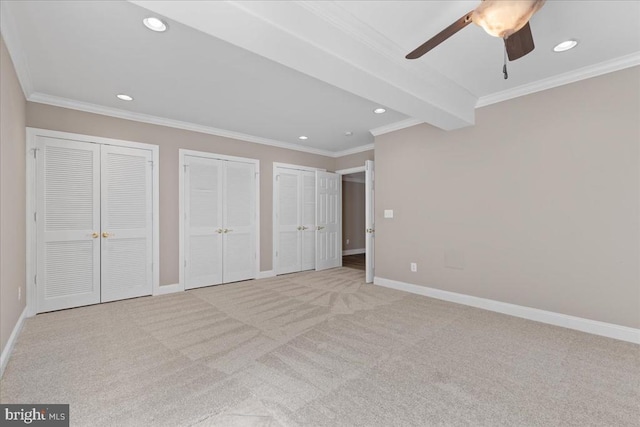 8606 Laroque Run Dr, Fredericksburg, VA 22407 - unfurnished bedroom with recessed lighting, ornamental molding, two closets, and carpet floors