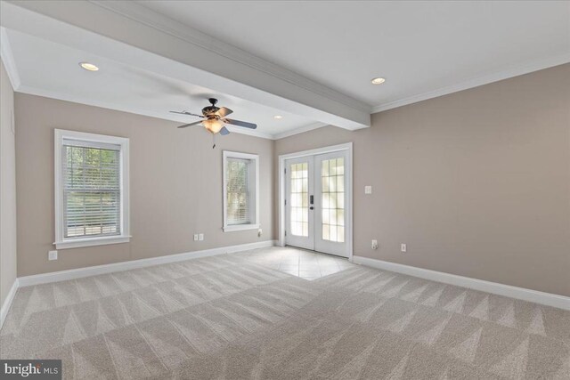 8606 Laroque Run Dr, Fredericksburg, VA 22407 - unfurnished room with french doors, a ceiling fan, baseboards, light colored carpet, and ornamental molding