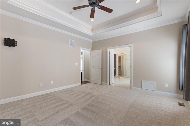 8606 Laroque Run Dr, Fredericksburg, VA 22407 - unfurnished bedroom featuring a tray ceiling, visible vents, ornamental molding, and carpet floors