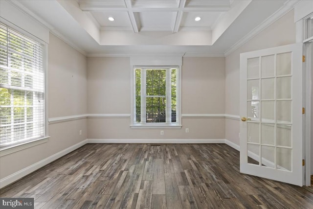 8606 Laroque Run Dr, Fredericksburg, VA 22407 - unfurnished room featuring coffered ceiling, baseboards, ornamental molding, wood finished floors, and beam ceiling
