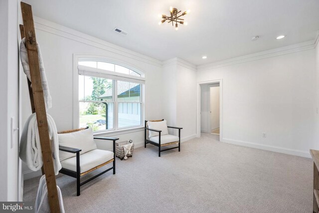 11302 Radcliff Ter, Spotsylvania, VA 22551 - living area featuring light colored carpet, ornamental molding, and recessed lighting